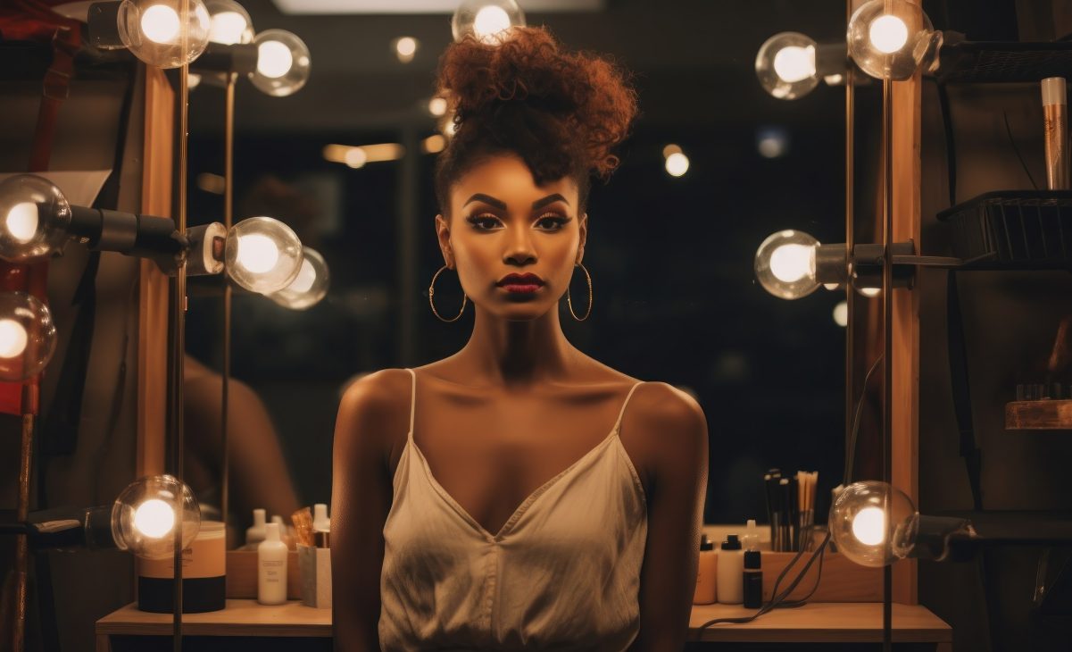 Beautiful girl in front of make-up mirror. African american Actress and model in dressing room. Woman in evening dress preparing for performance. AI Generated